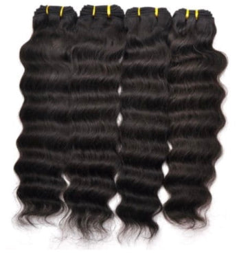 Three bundles of black Peruvian Human wavy hair extensions on a white background