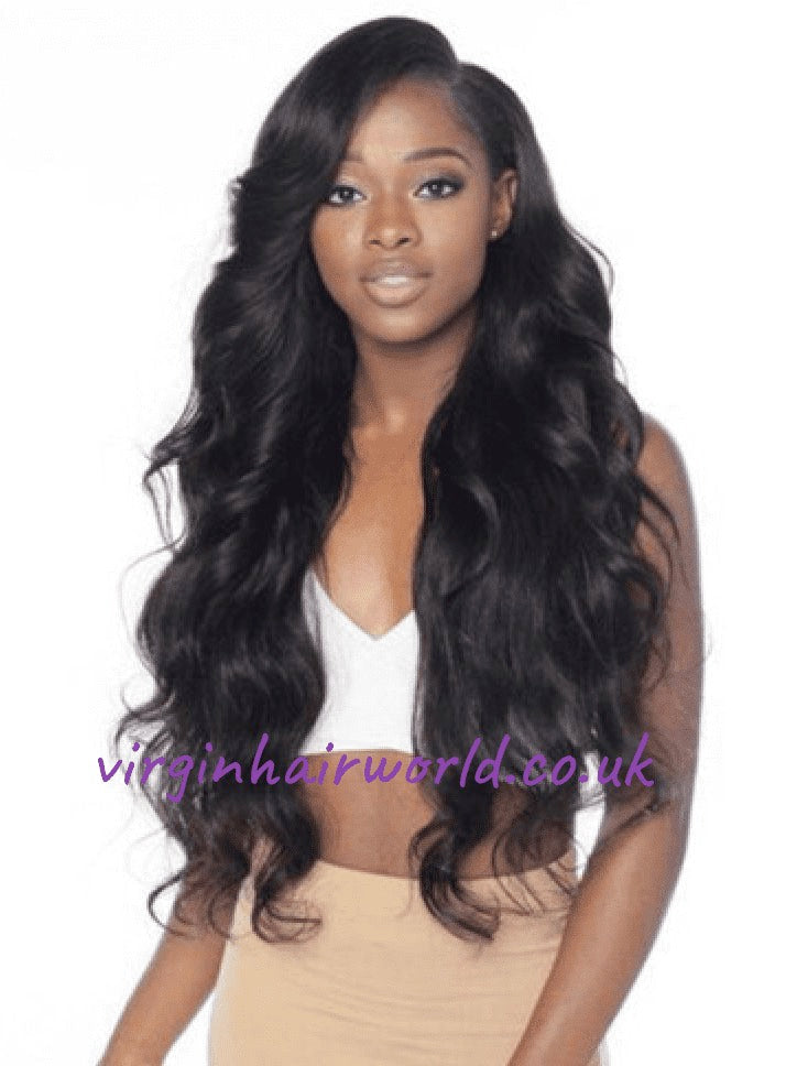 Afro Caribbean woman wearing body wavy Brazilian human hair