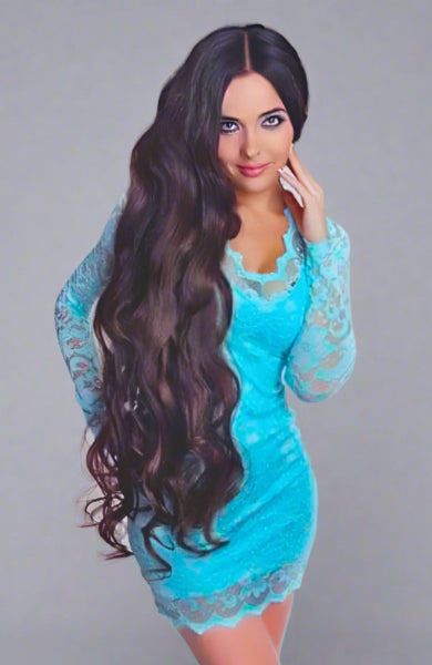 A beautiful model wearing today wavy human hair in long lengths
