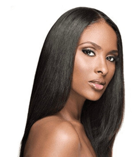 A face close up shot of a Black woman wearing Silky straight human hair