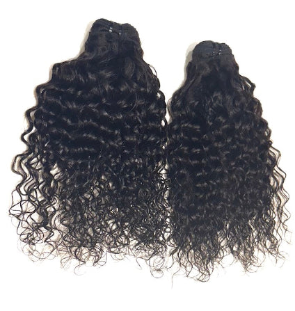 Two bundles of curly black hair extensions on a white background