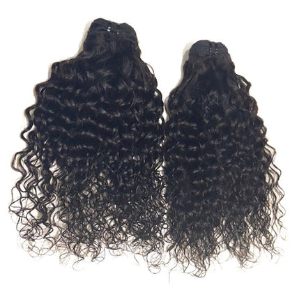 Two bundles of curly black hair extensions on a white background